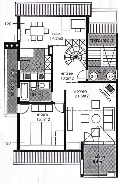 118 m² Maisonette mit 18 m² Galerie, 2 Balkonen, Cheminée & 2 Bädern 12