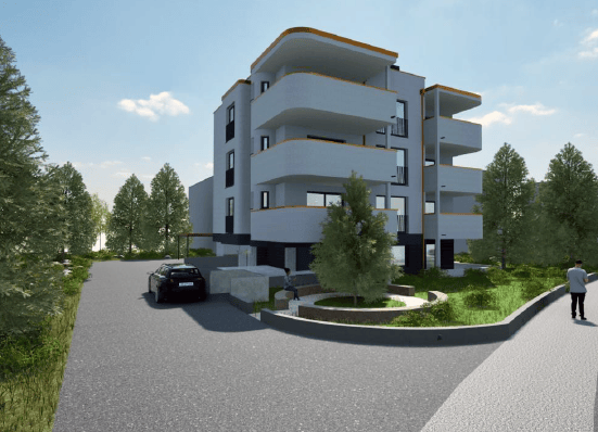 Modern multi-story apartment building with balconies, surrounded by greenery and a parking area.