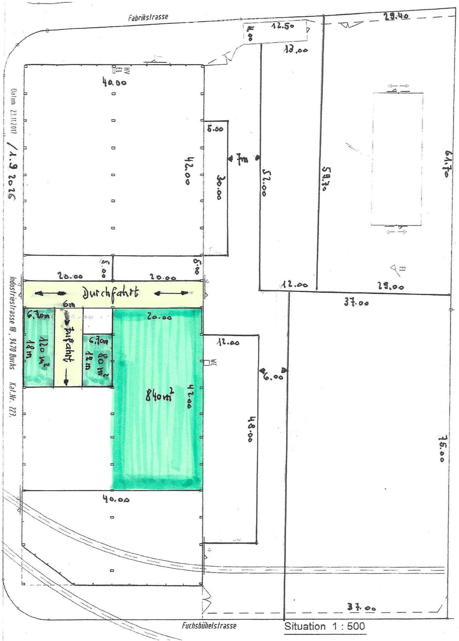 Floor plan showing a layout with labeled dimensions, including a driveway area, parking space, and surrounding structures.
