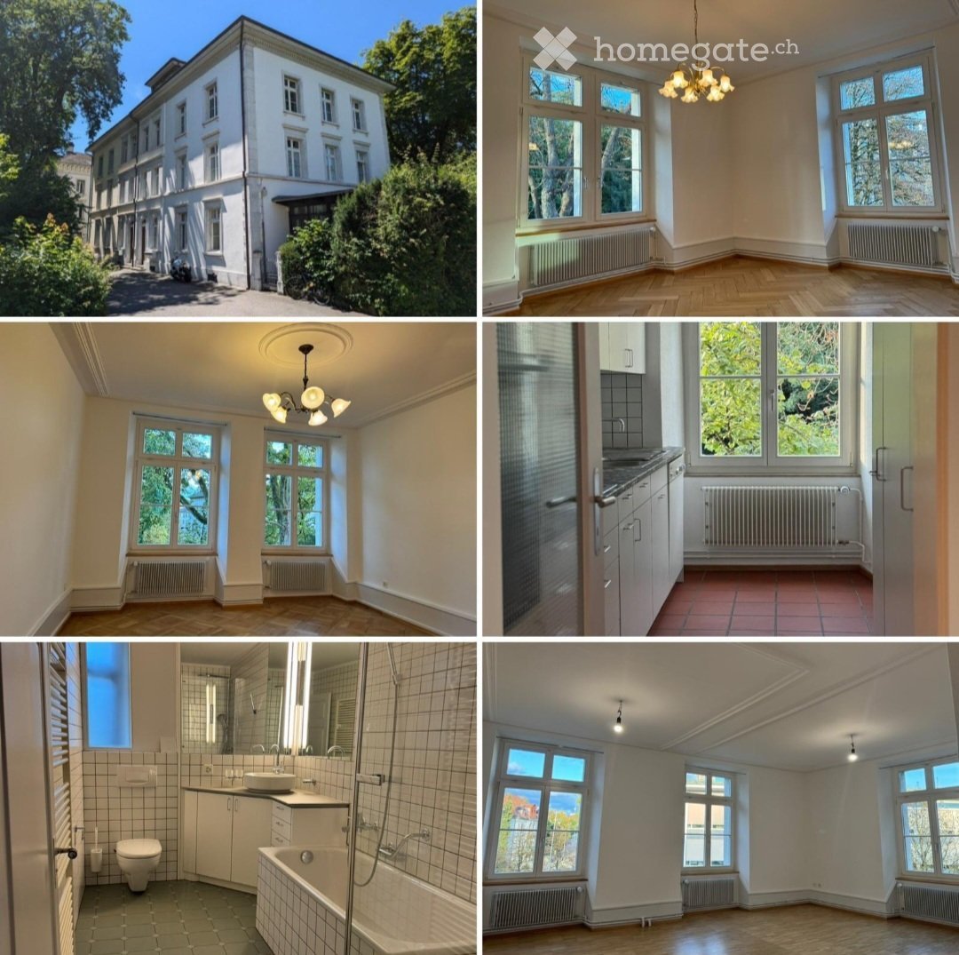Four images showing a multi-story building exterior, an empty living room, a kitchen, a bathroom, and another empty room with wooden flooring and large windows.