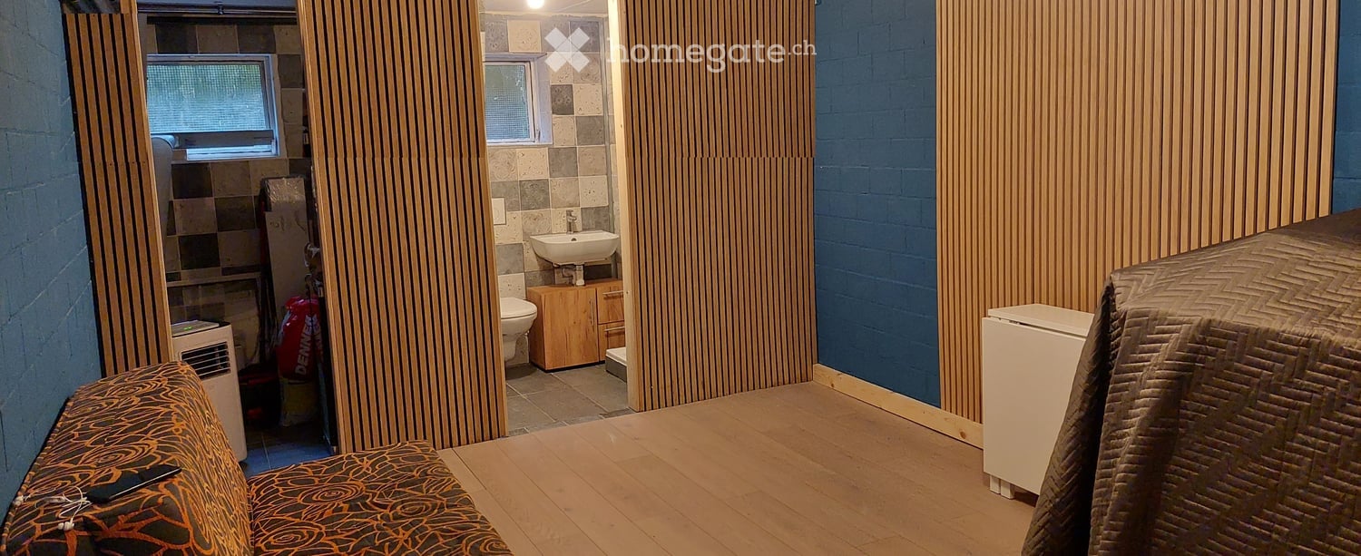 A small, furnished room with a sofa, a small table, a refrigerator, and an adjacent bathroom area with a sink, toilet, and wooden cabinet.