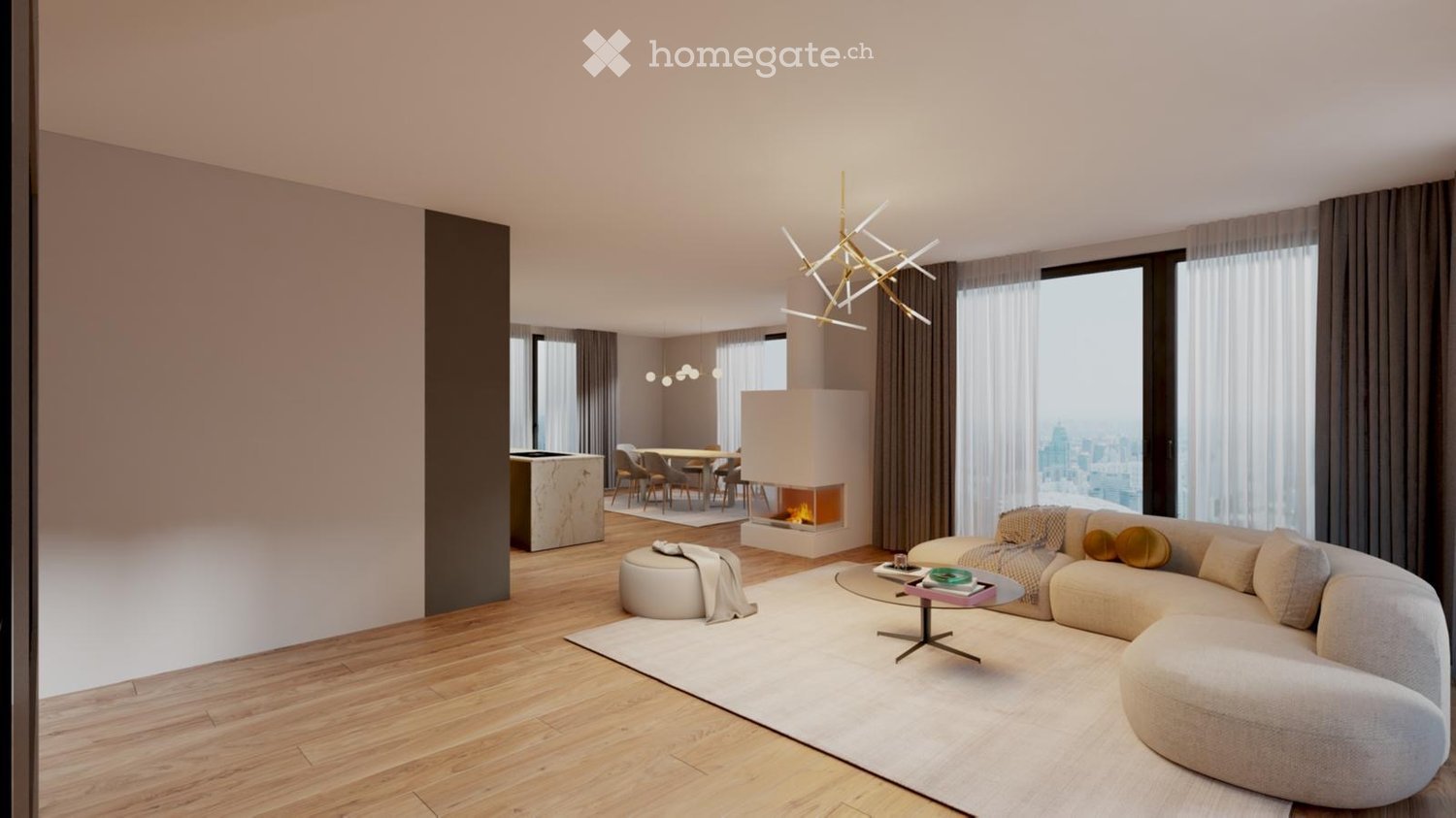 Modern living room with a curved sofa, coffee table, ottoman, fireplace, dining area, and large windows with city view.