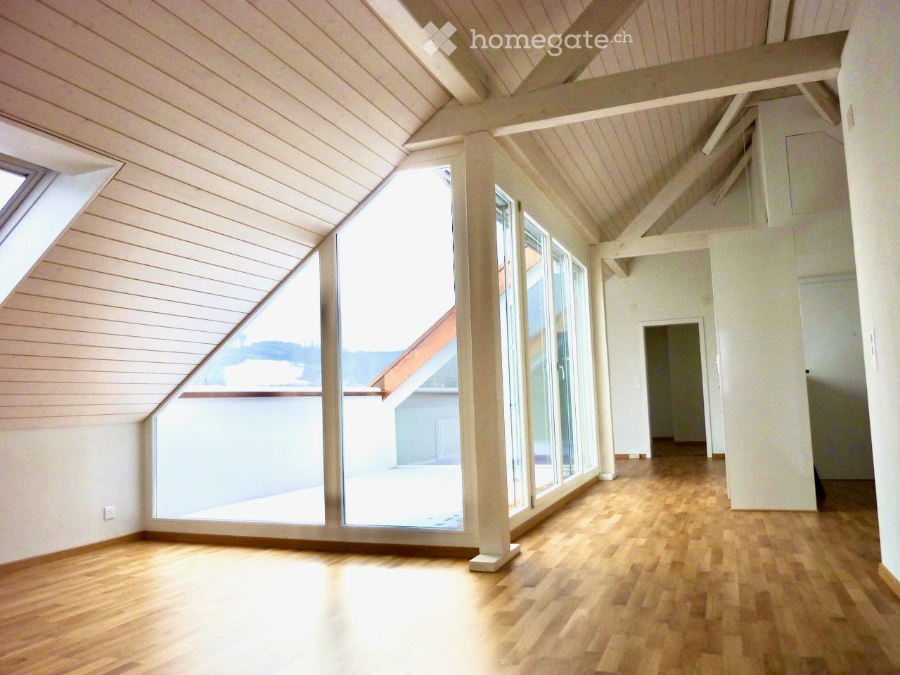 Empty room with wooden flooring, white walls, large windows, and a skylight. No furniture or equipment present.