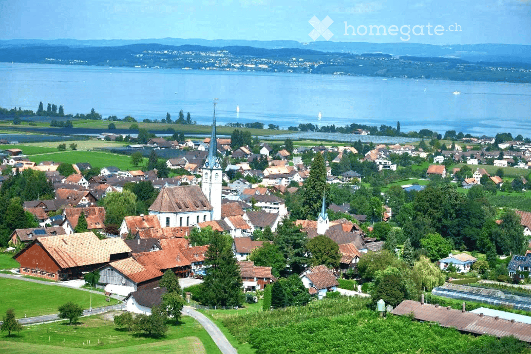 Aerial view of a small town with traditional houses, a church with a tall spire, and a lake in the background.