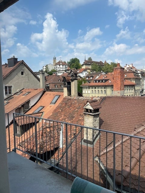 Balcony overlooking a cityscape with red-tiled roofs, chimneys, and distant buildings under a partly cloudy sky.