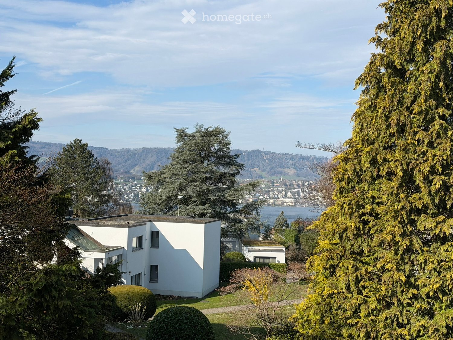 White house, green roof, surrounded by trees, view of the city and lake