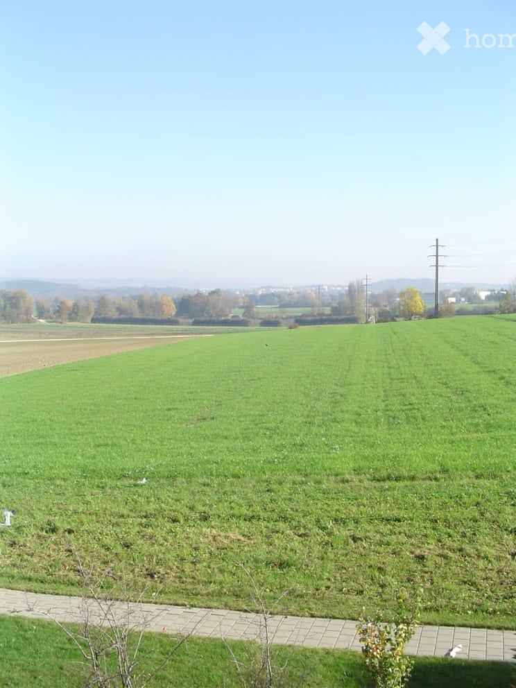 Open green field with a paved pathway leading through it, surrounded by trees and distant hills.