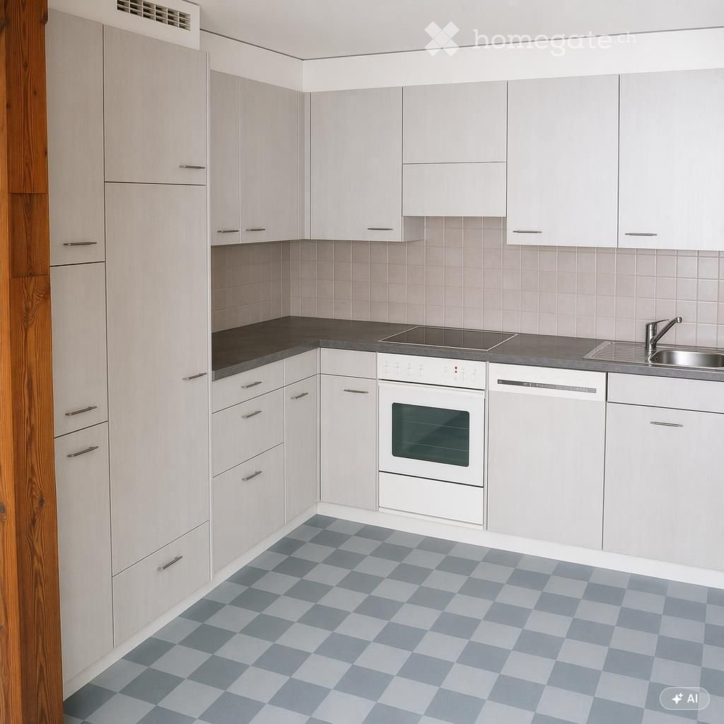 Modern kitchen with white cabinets, stainless steel appliances, and a checkered floor.