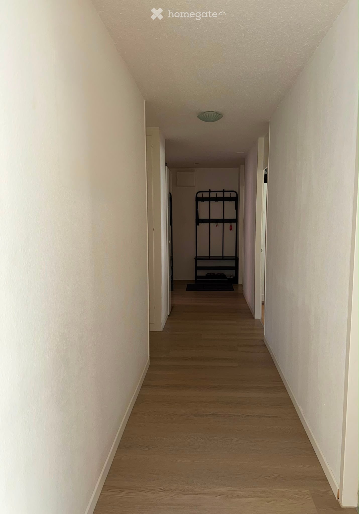 A long, narrow hallway with light wooden flooring and white walls, featuring a ceiling light fixture and a coat rack with shoes at the end.