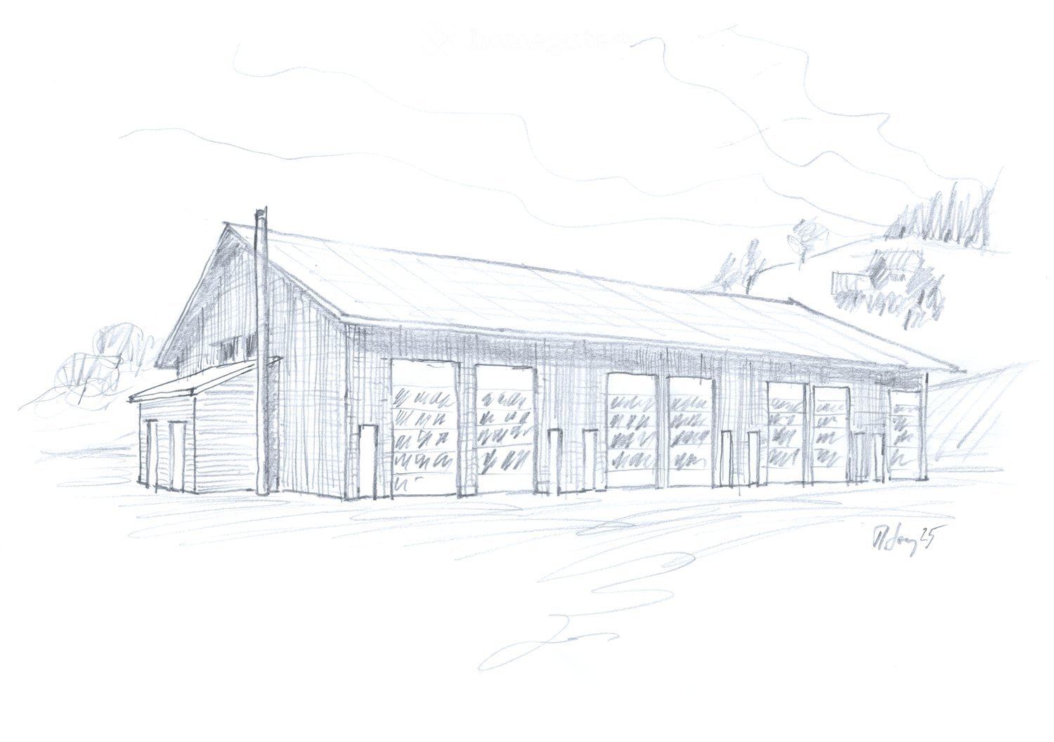 Sketch of a large, single-story building with a flat roof and multiple garage-style doors, likely a warehouse or industrial structure.