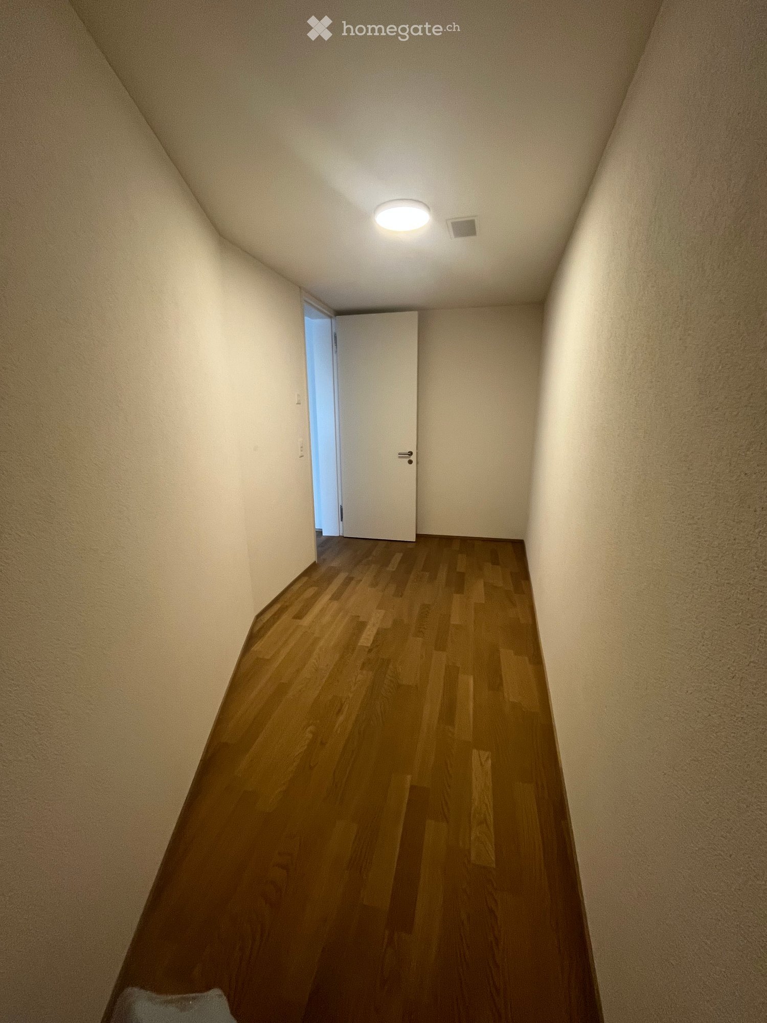 Empty hallway with wooden flooring, white walls, and a single door at the end.