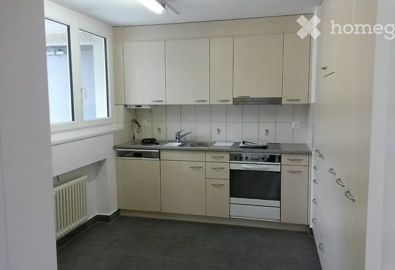 Modern kitchen with white cabinets, stainless steel appliances, and a dark grey floor. Features include a sink, faucet, oven, dishwasher, and radiator.