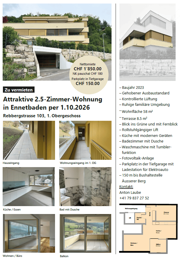 Modern 2.5-room apartment in Ennetbaden, featuring a balcony, garage, and parking space. Includes kitchen, bathroom, and living area.
