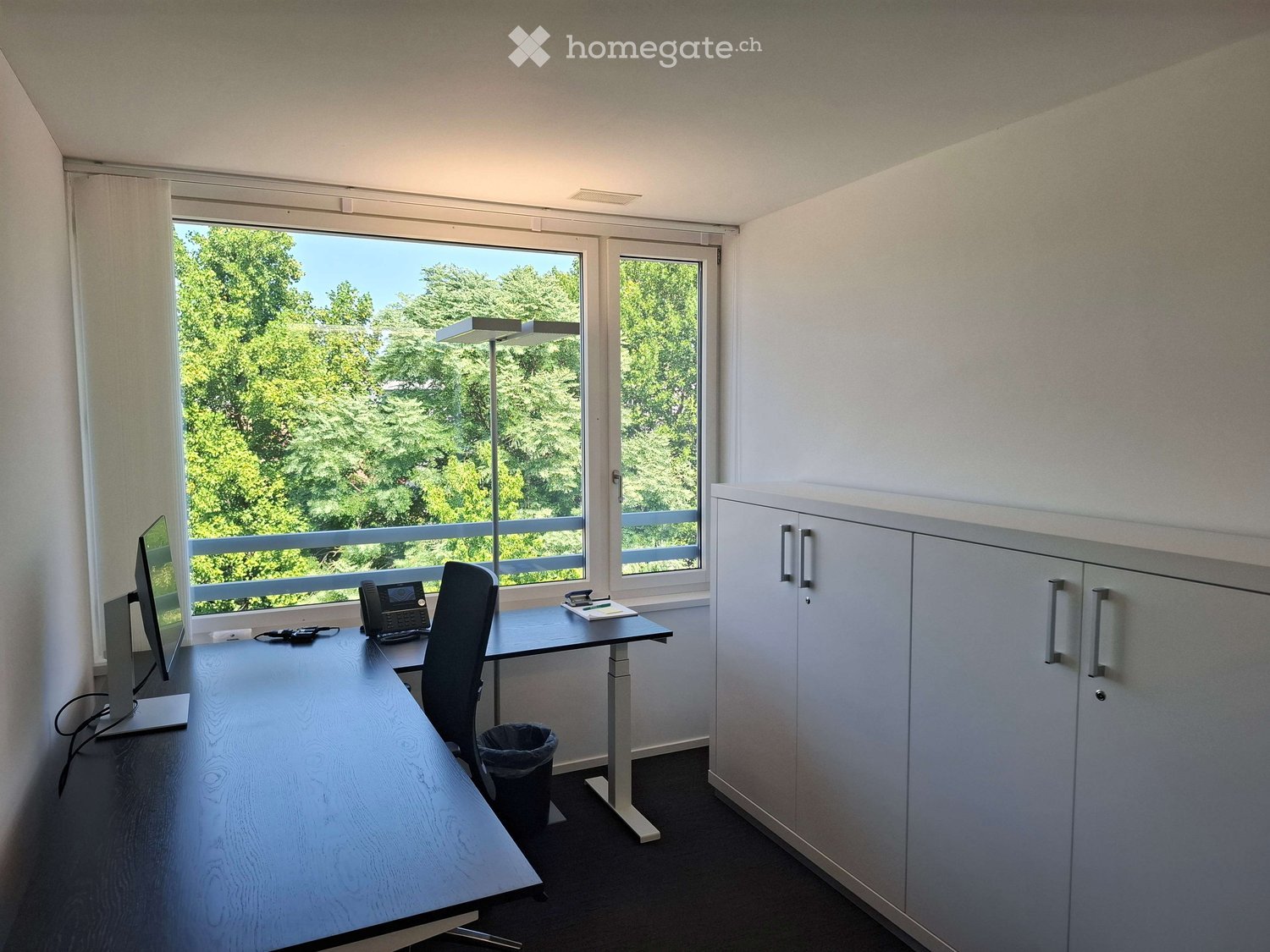 Modern office space with a large window offering a view of greenery, featuring a desk, chair, computer monitor, telephone, and cabinet.