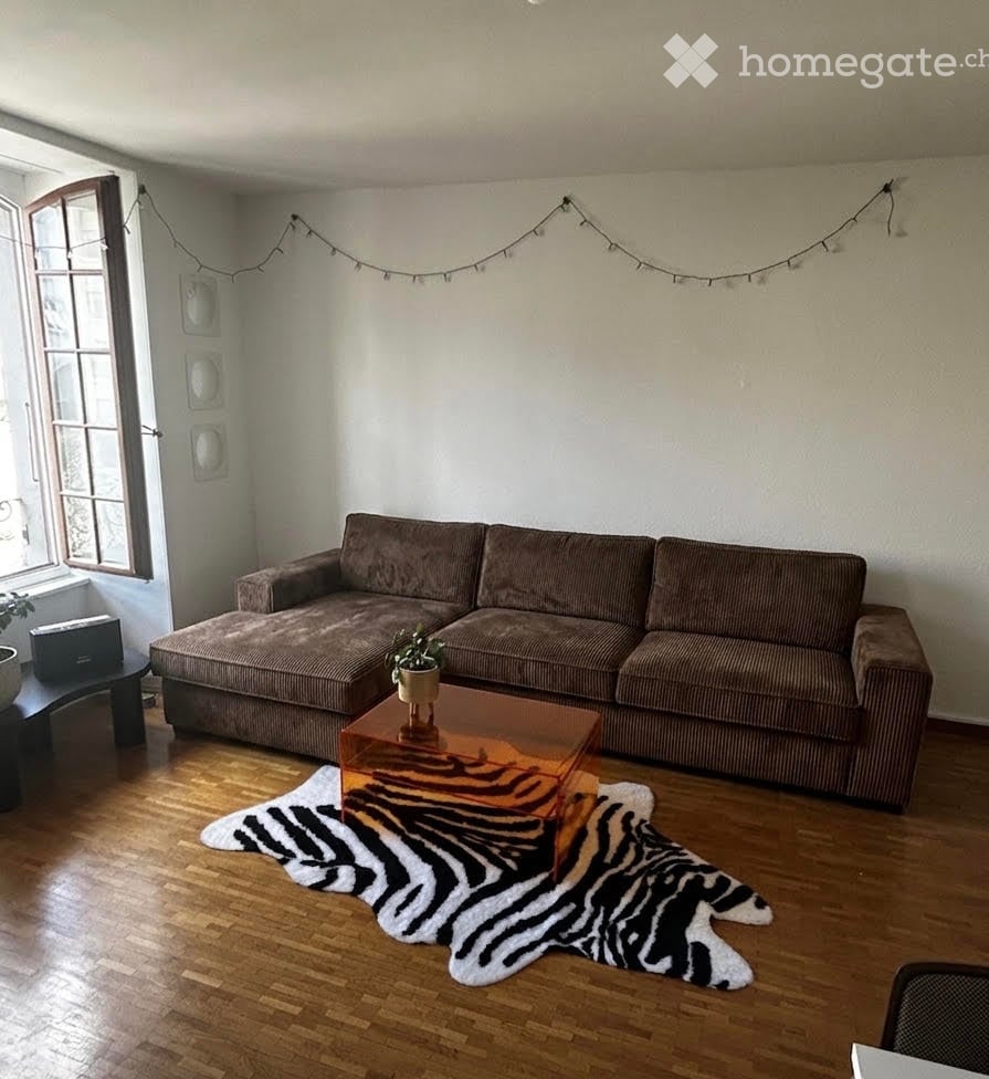 A cozy living room with a large brown sectional sofa, a glass coffee table with a plant, a zebra print rug, and a small table with a speaker and plant near a large window.