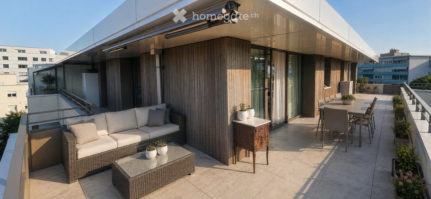 Modern rooftop terrace with a wicker sofa, coffee table, dining table, and chairs, surrounded by potted plants and a cityscape view.
