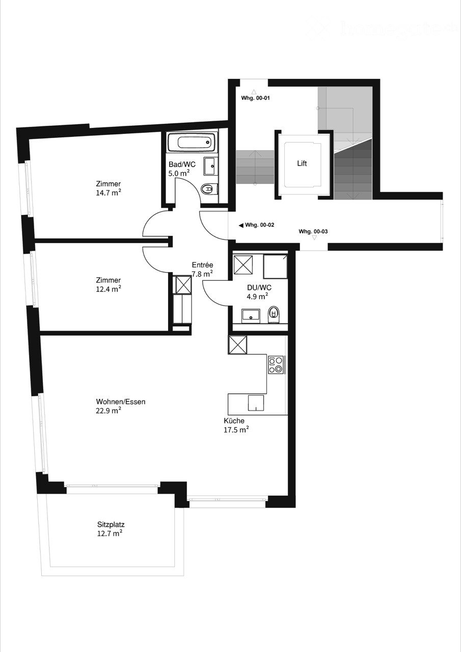 Floor plan of a residential unit featuring a living/dining area, kitchen, two bedrooms, two bathrooms, a hallway, and a balcony.