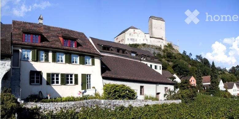 A cluster of traditional European buildings with pitched roofs and green shutters, surrounded by greenery and a stone wall, with a historic castle visible on a hill in the background.