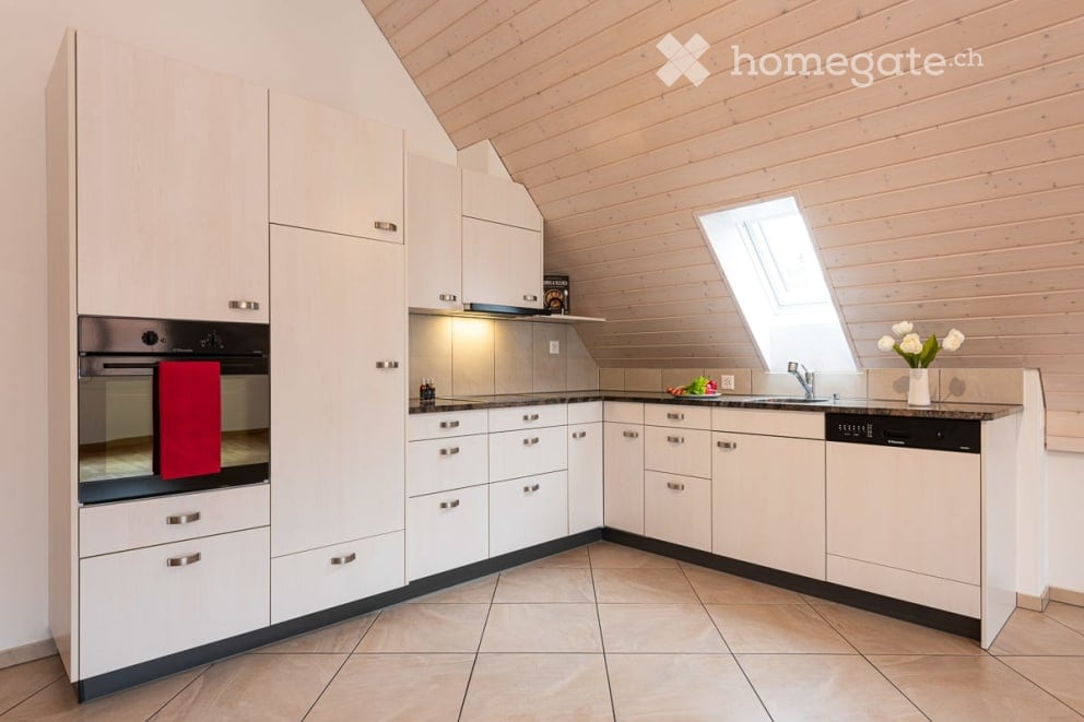Modern kitchen with white cabinets, stainless steel appliances, and a skylight window above the sink.