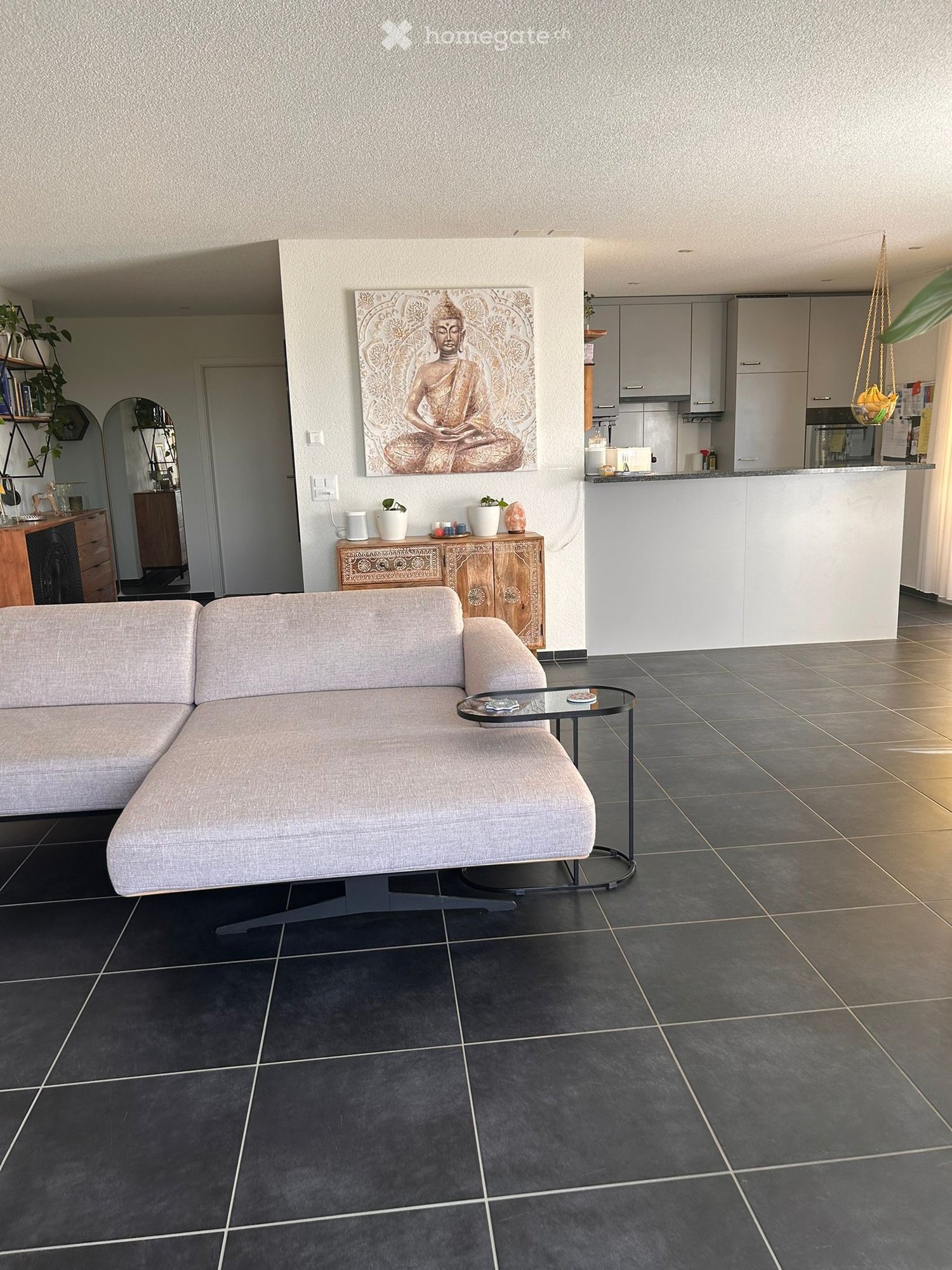 Modern living room with a grey sectional sofa, a small round glass coffee table, a wooden cabinet with a Buddha painting, and a small kitchen area with white cabinets and a countertop.
