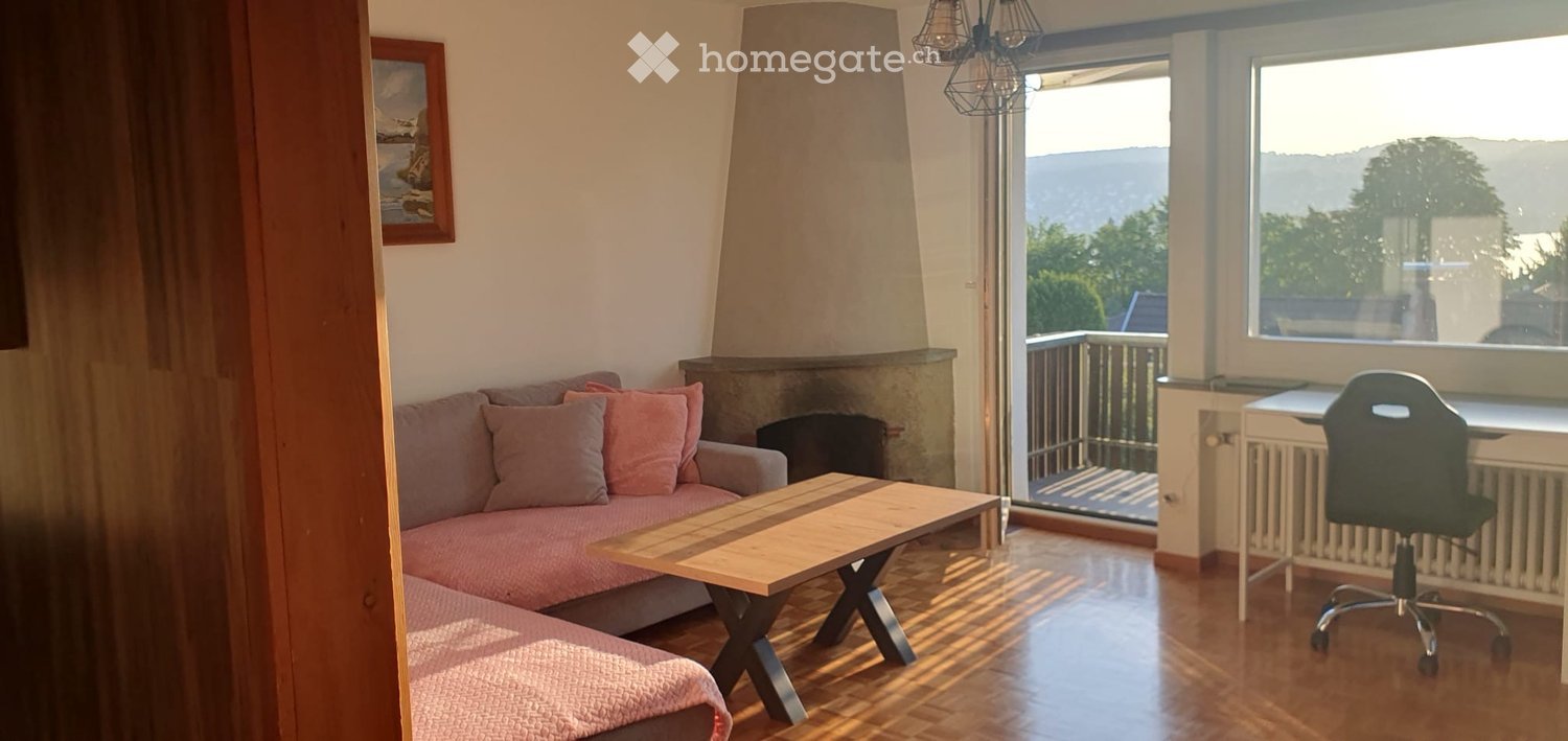 Cozy living room with a grey sofa, pink cushions, wooden coffee table, fireplace, and a view of the landscape through large windows.