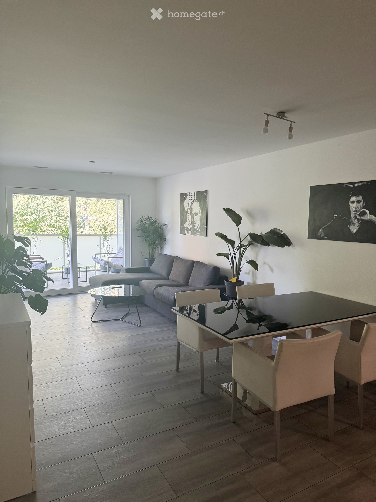 Modern living and dining area with a grey sectional sofa, glass coffee table, dining table with chairs, and large potted plants. The space features large windows and a view of an outdoor area.