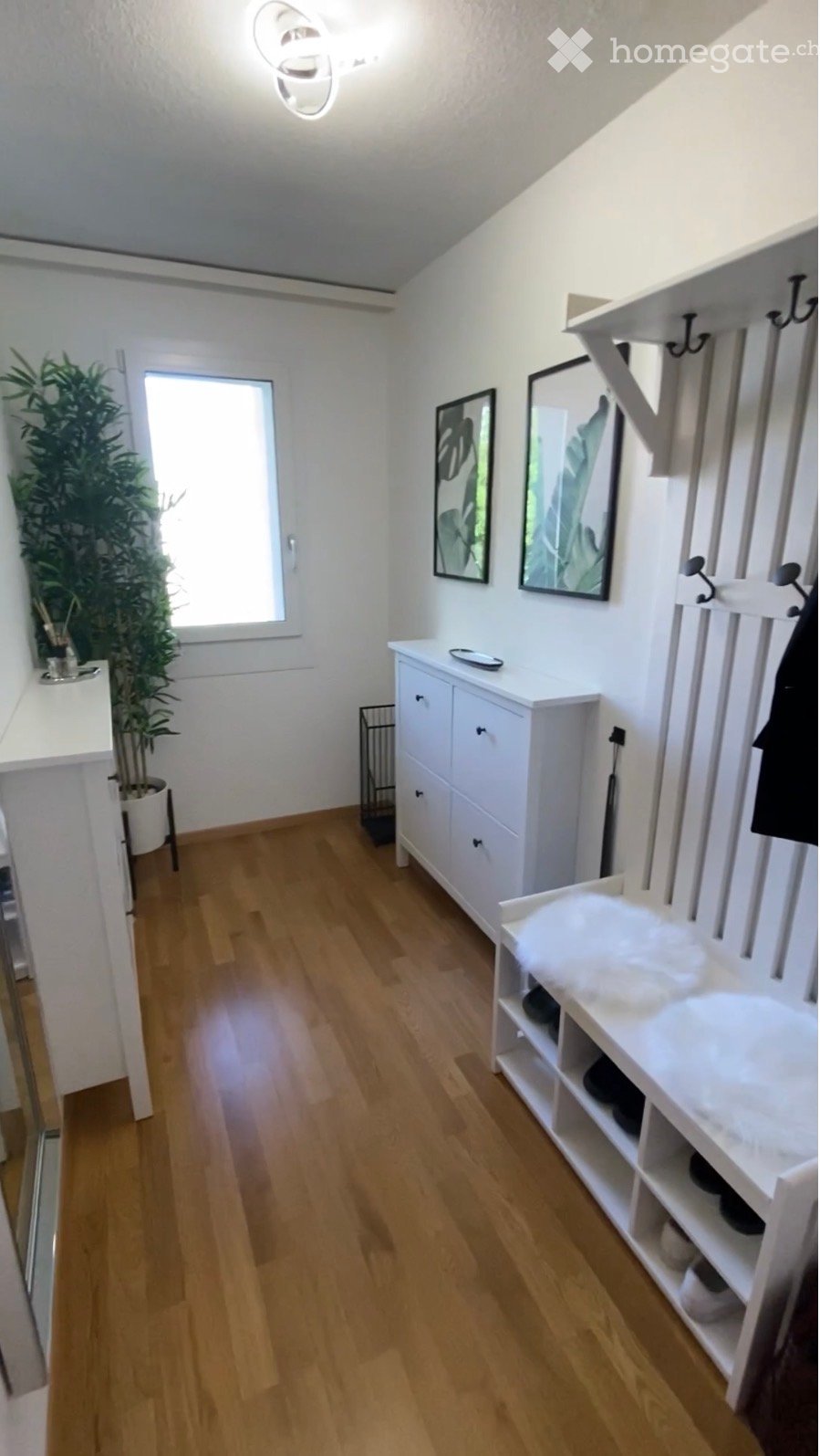 Bright hallway with wooden flooring, white walls, built-in storage unit, coat rack, and a small plant near the window.