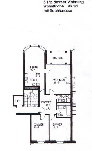 3.5 Zimmerwohnung, 2. (oberster) Stock mit 51 m² Dachterrasse darüber und Einstellparkplatz 7