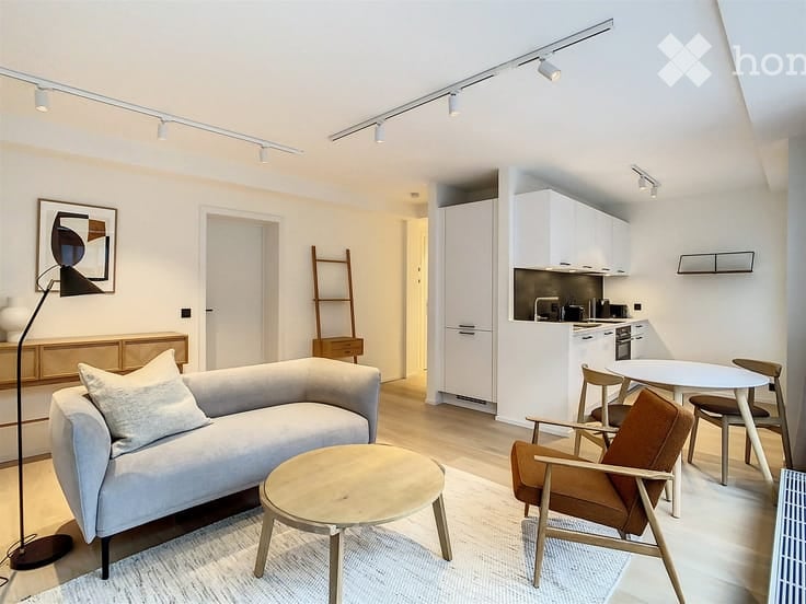 Modern, open-concept living and dining area with a grey sofa, coffee table, dining table with chairs, and a compact kitchen area with white cabinets and appliances.