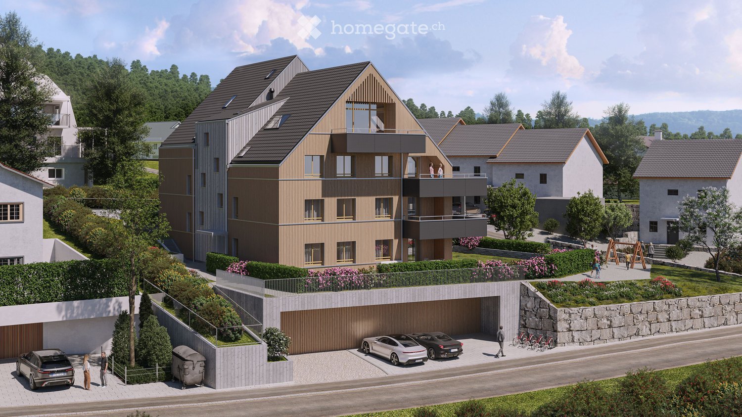 3 story brown and white house, multiple windows, garage, ground floor balconies, green lawn