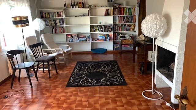 Living room with wooden flooring, fireplace, bookshelf, sofa, chairs, and a patterned rug.