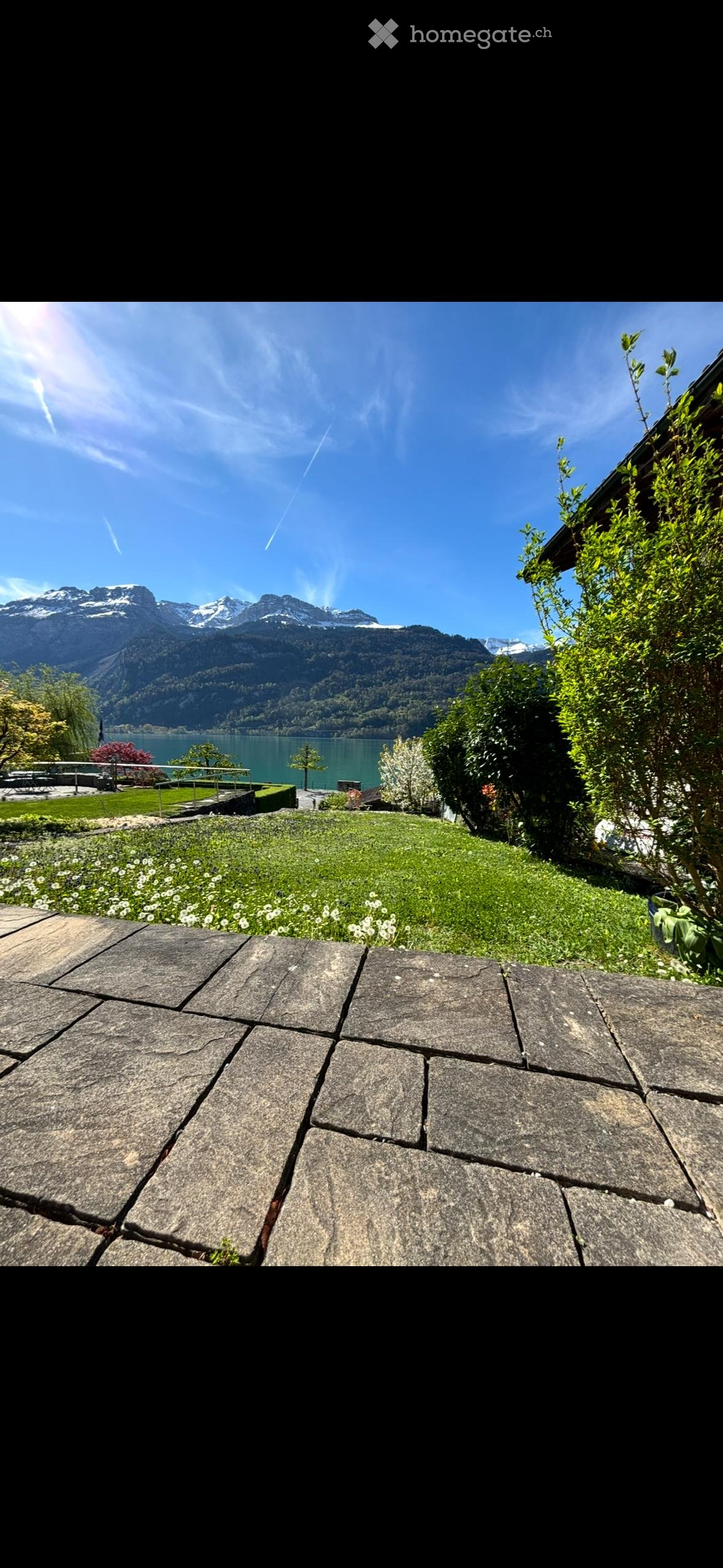 A well-maintained garden with a stone patio, lush greenery, and a scenic mountain and lake view in the background.