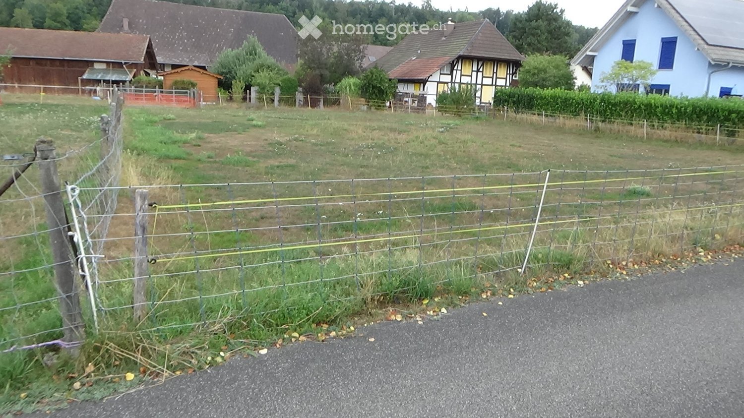 A rural outdoor area with a fenced boundary, grassy field, and several houses in the background, including a traditional half-timbered house and a modern blue house.