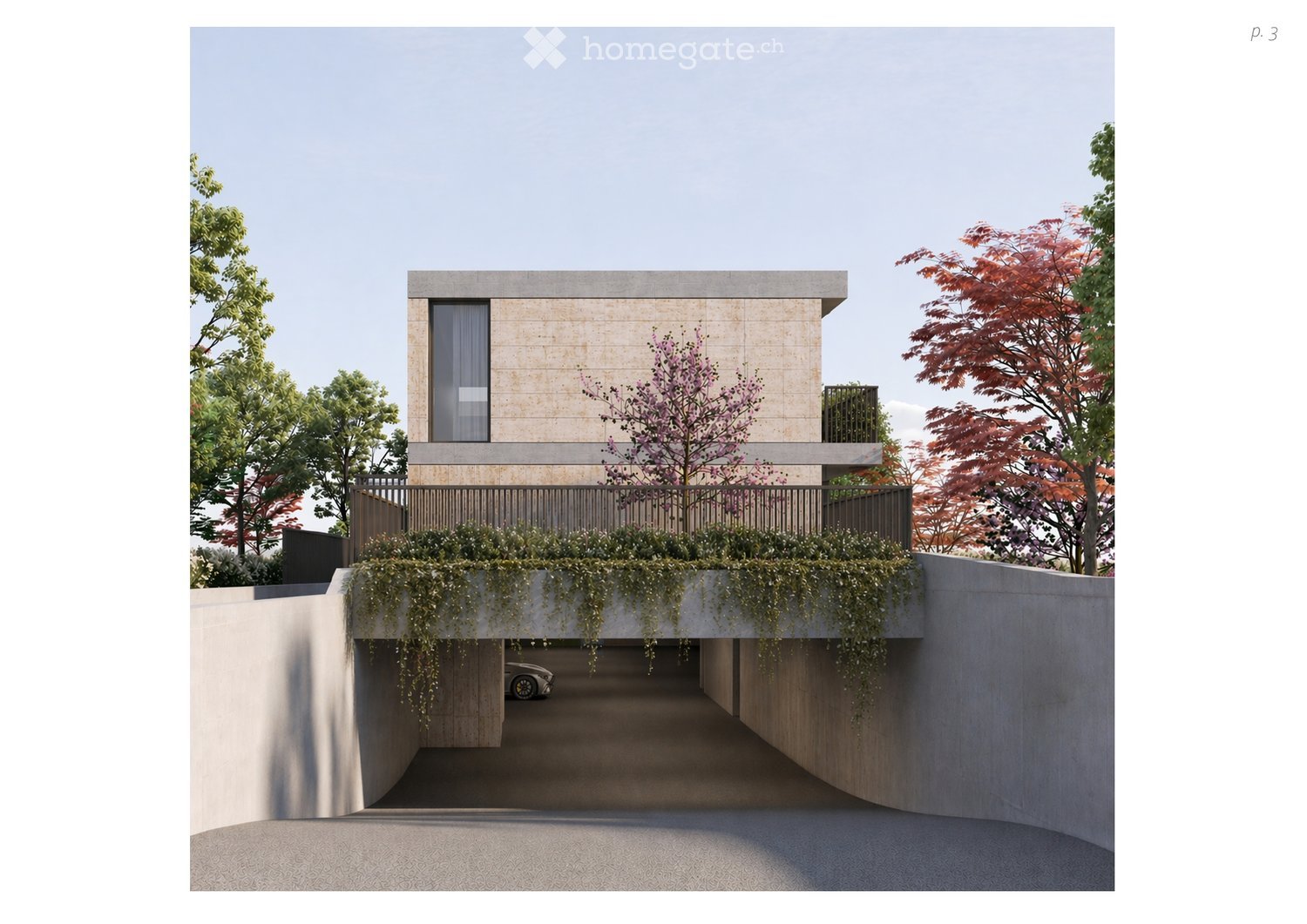 Modern two-story house with a flat roof, large windows, and a covered driveway. The building features a raised ground floor with a landscaped rooftop terrace and greenery.