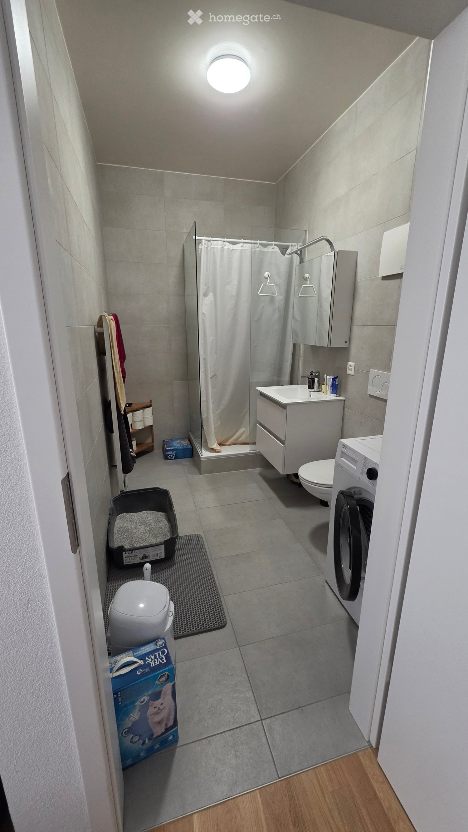 Modern bathroom with a toilet, sink, mirror, cabinet, and a shower with a curtain. Includes a washing machine, cat litter box, and a small shelf with towels.