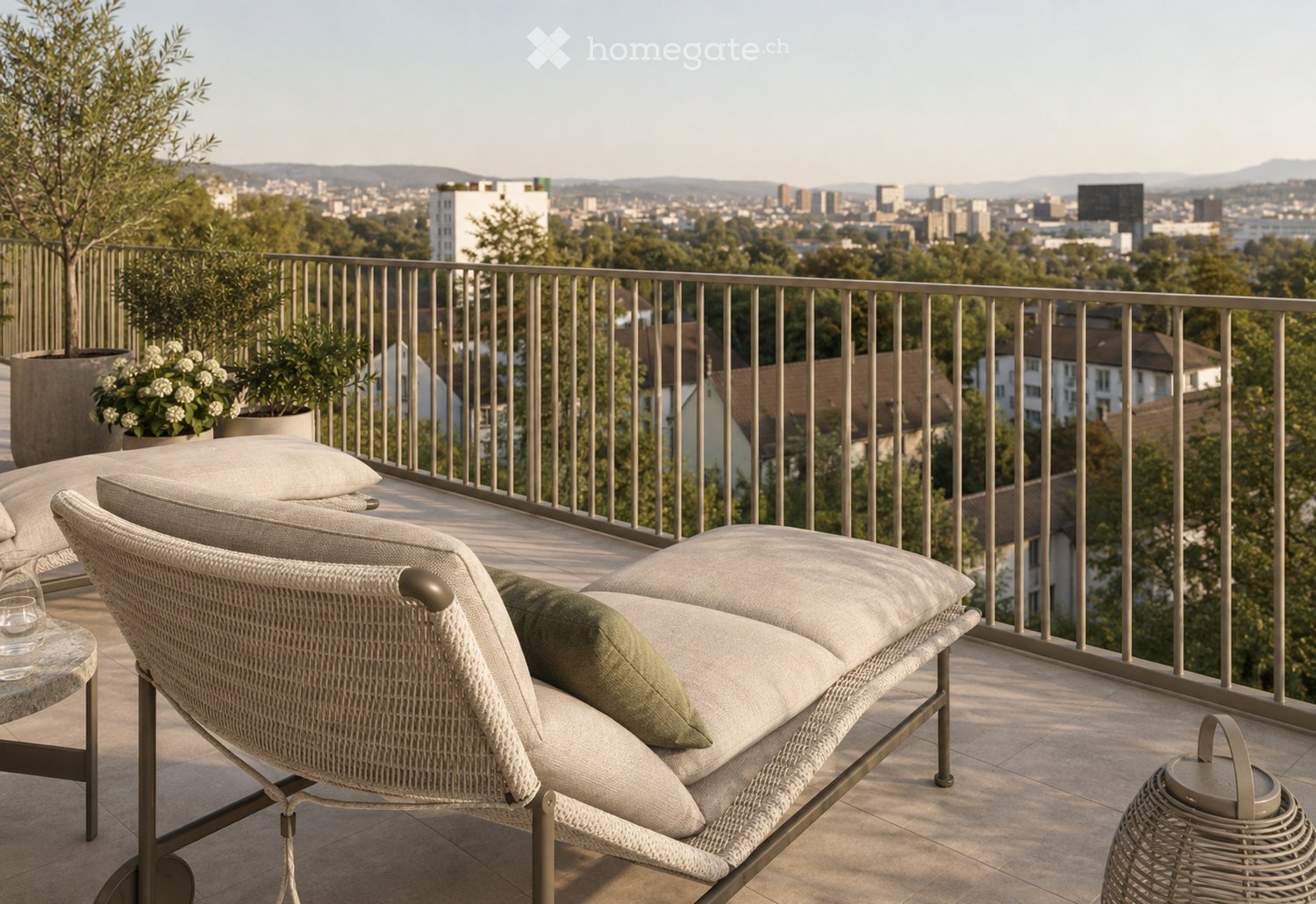 Balcony with a cityscape view, featuring a wicker lounge chair, small table, and potted plants.