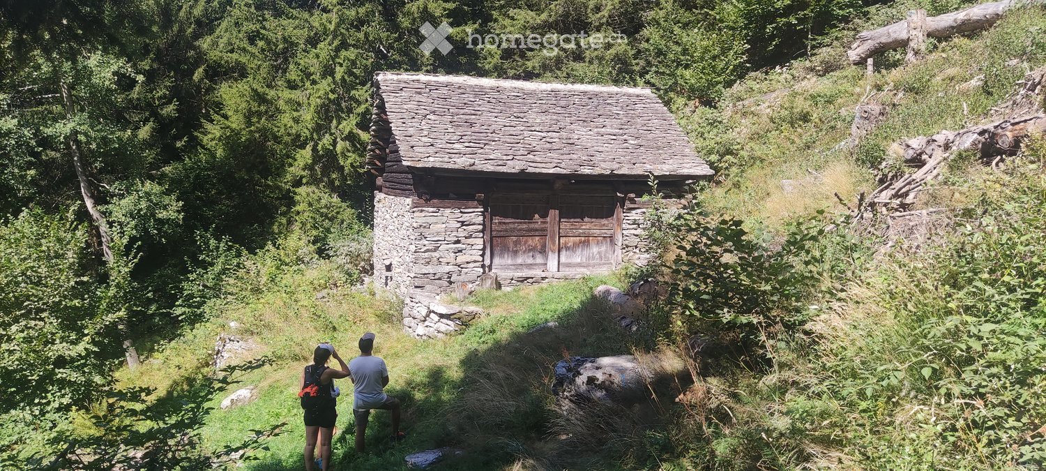 A rustic stone building with a wooden door and a sloped roof, situated in a lush, green forested area. Two people are standing nearby, observing the structure.