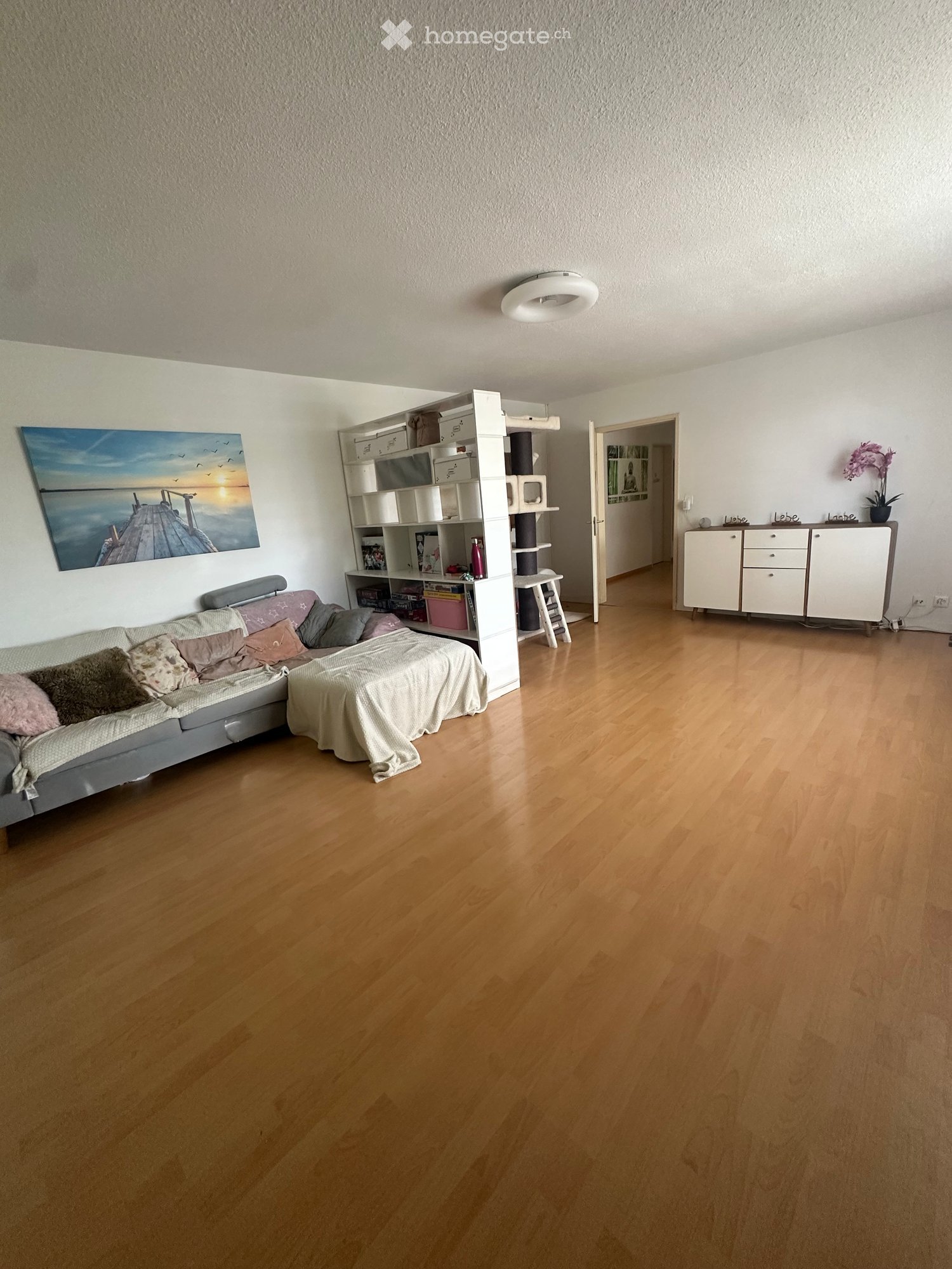 A modern living room with a sofa, bed, shelves, and a cabinet. The room features wooden flooring and a large painting on the wall.