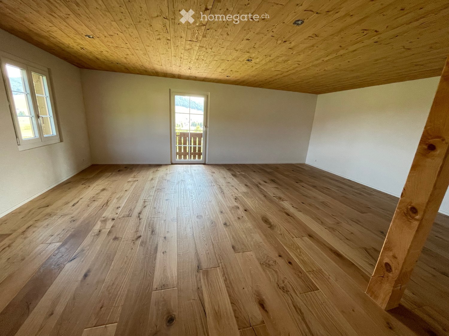 Empty room with wooden flooring, white walls, and a skylight window. The room has a wooden ceiling and a door leading to an outdoor area.
