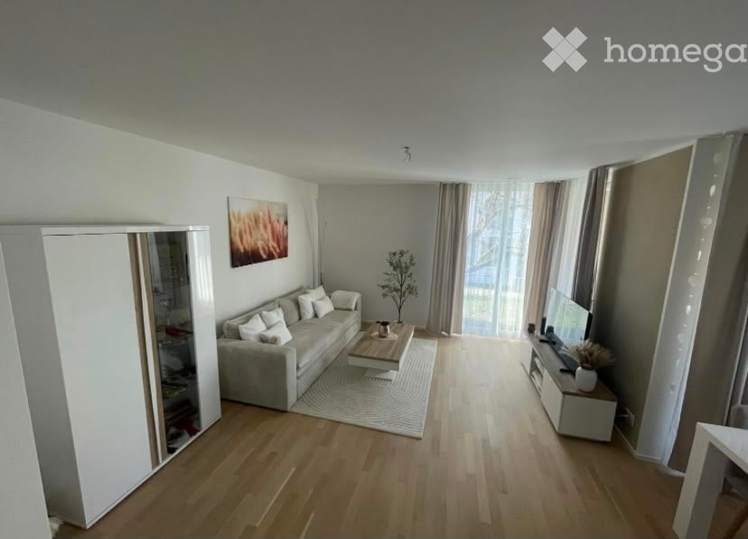 Modern living room with light-colored wooden flooring, a grey sofa with white cushions, a coffee table, a TV stand, a mirror, a small plant, and a picture frame on the wall.