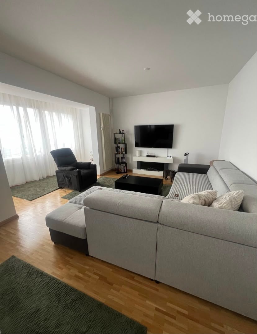 Modern living room with light grey sectional sofa, black armchair, coffee table, TV, and a shelf with decorative items.