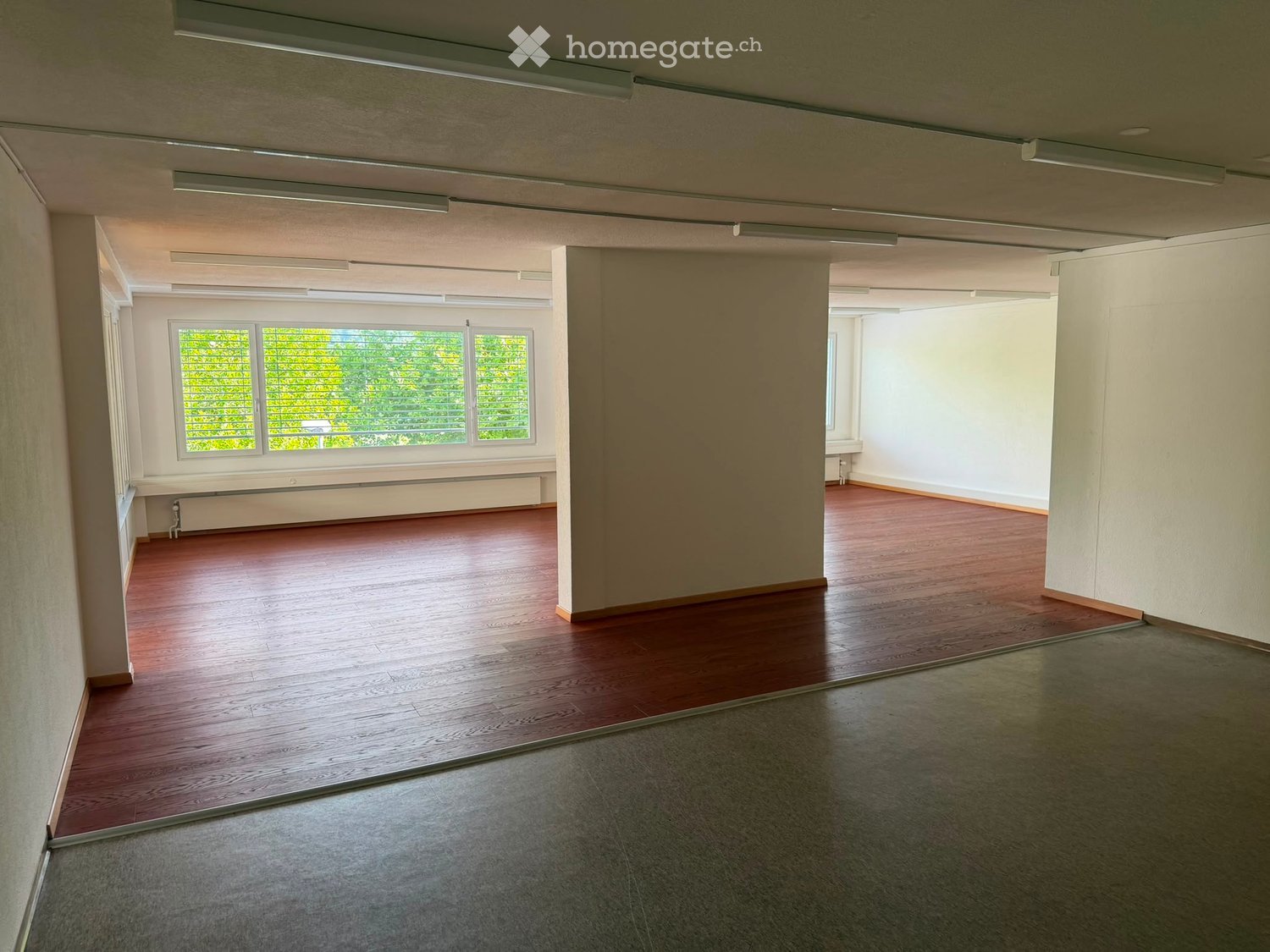 Empty room with wooden flooring, large windows, and a concrete floor area. No furniture or equipment present.