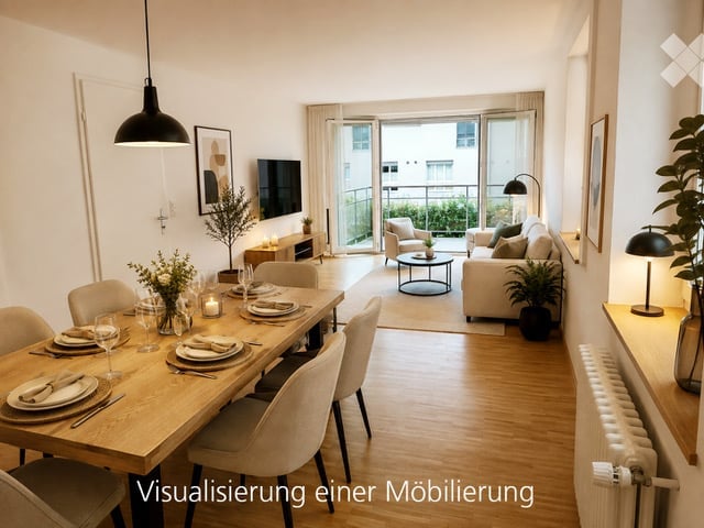 Bright, modern living and dining area with wooden flooring, large windows leading to a balcony, a dining table with chairs, a sofa, coffee table, TV, and decorative plants.