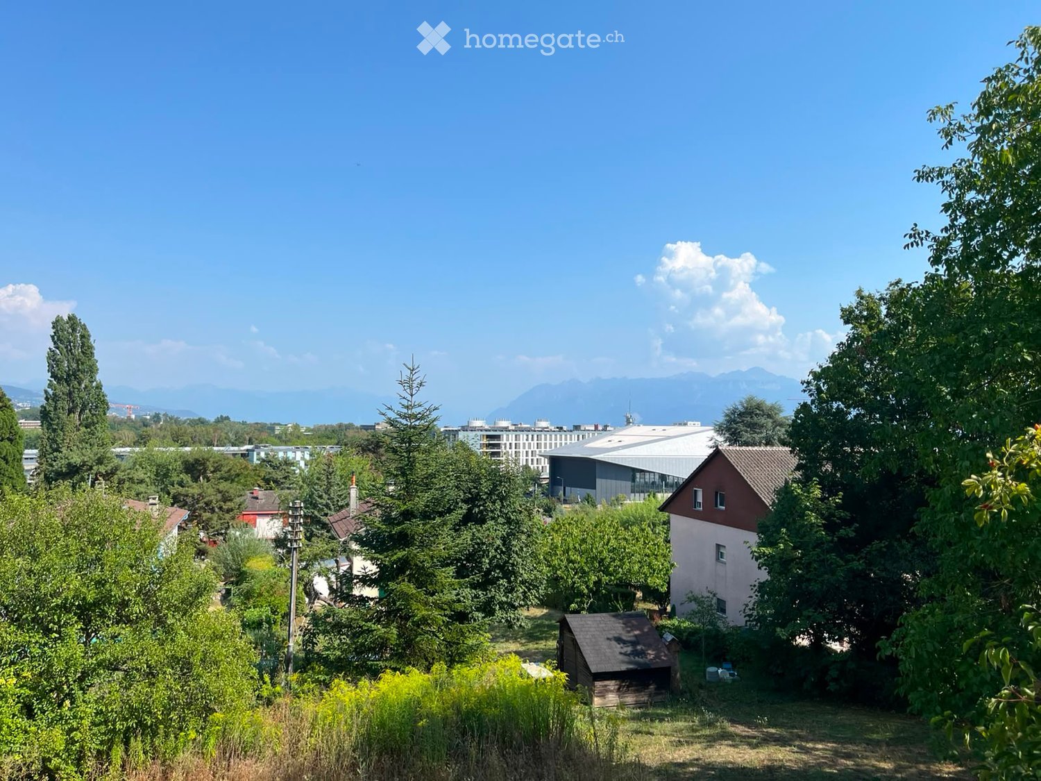 A lush garden area with trees, shrubs, and a small wooden shed, surrounded by residential buildings and a clear blue sky with distant mountains.
