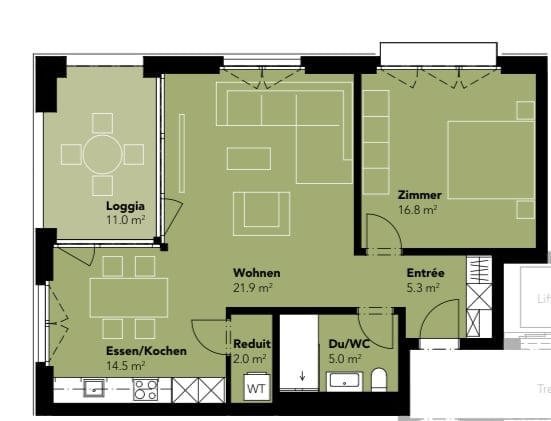 Floor plan of a 3-room apartment with a living area, kitchen, bedroom, and bathroom.