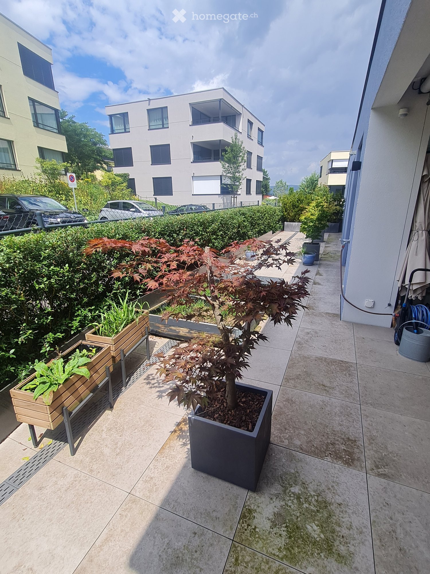 The image shows a modern apartment building with a well-maintained outdoor area. The building has a clean, minimalist design with large windows and balconies. The outdoor area features various potted plants, including a small tree, and wooden planters. Th