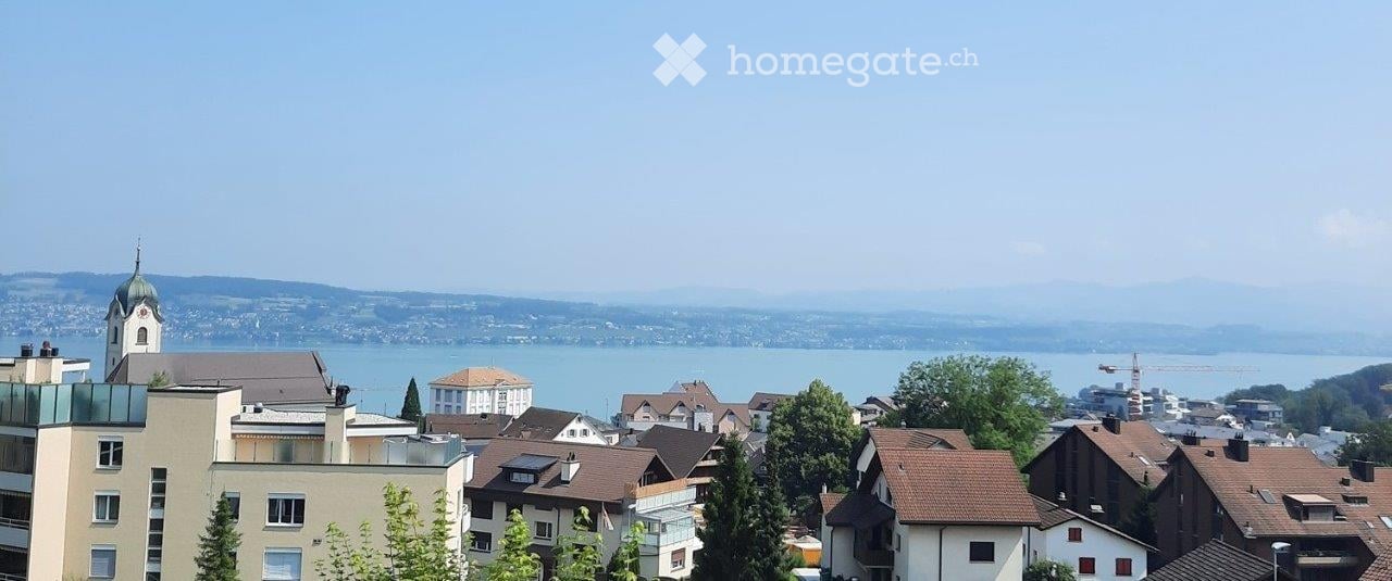 a few buildings in a hillside town with lake view
