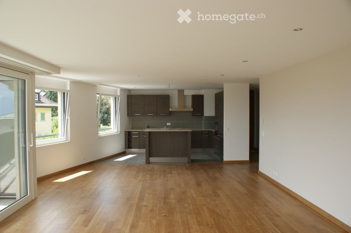 Open-plan living and kitchen area with wooden flooring, modern kitchen cabinets, and large windows with balcony access.