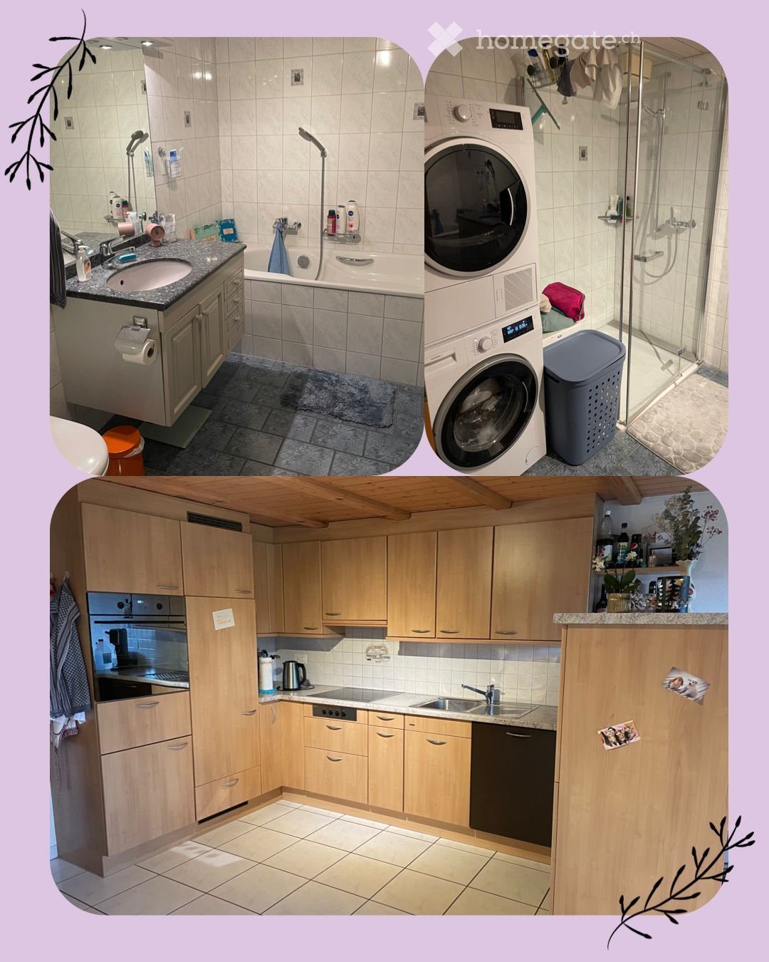 Bathroom with a sink, mirror, bathtub, toilet, and a separate shower area with a washing machine. The tiles are white and grey, and the space is well-lit.