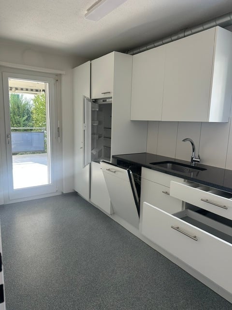 Modern kitchen with white cabinets, black countertops, and a dishwasher. Features a large window with a view of the balcony.
